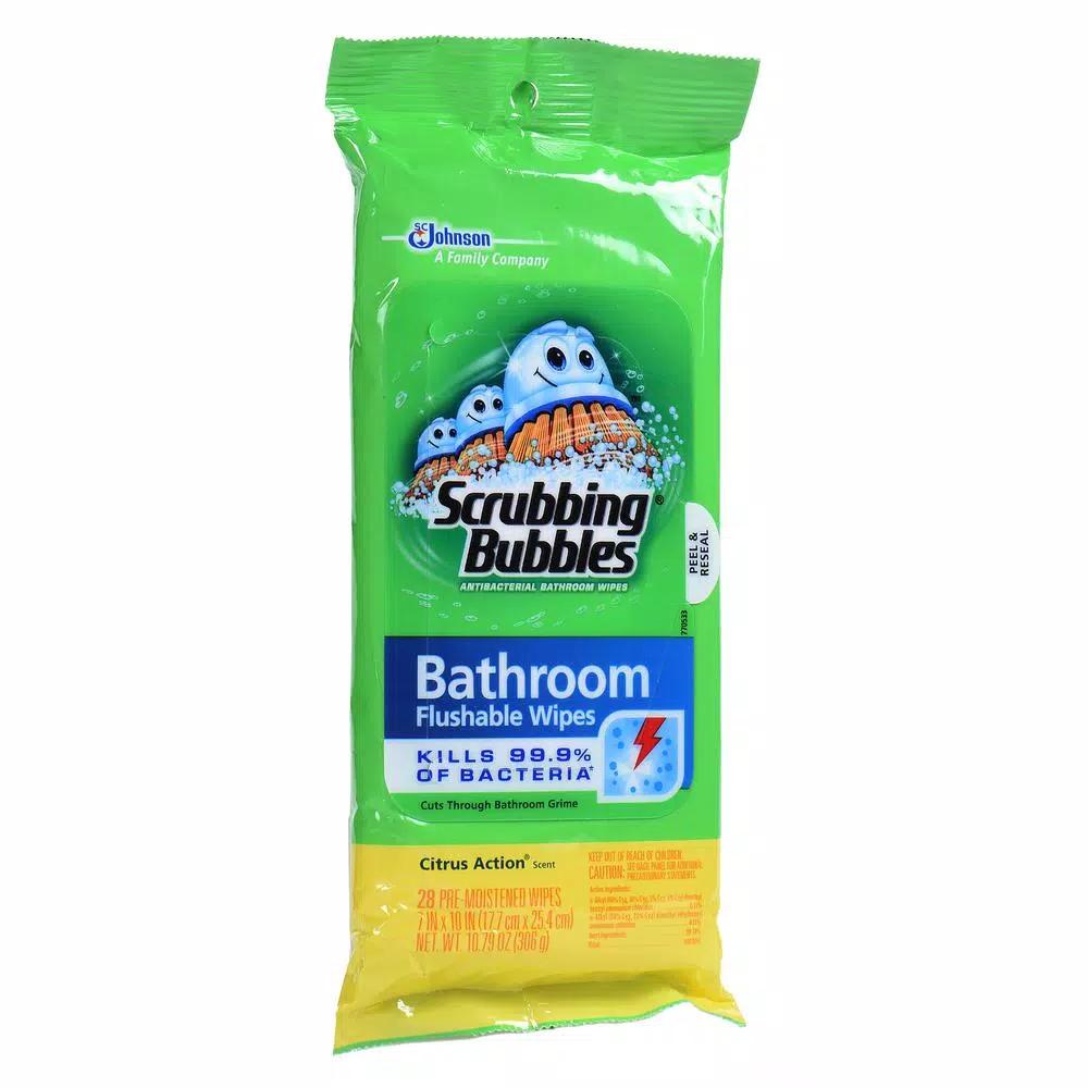 Scrubbing Bubbles Antibacterial Bathroom Flushable Wipes, Citrus Scent, 28 Count (Case of 12)