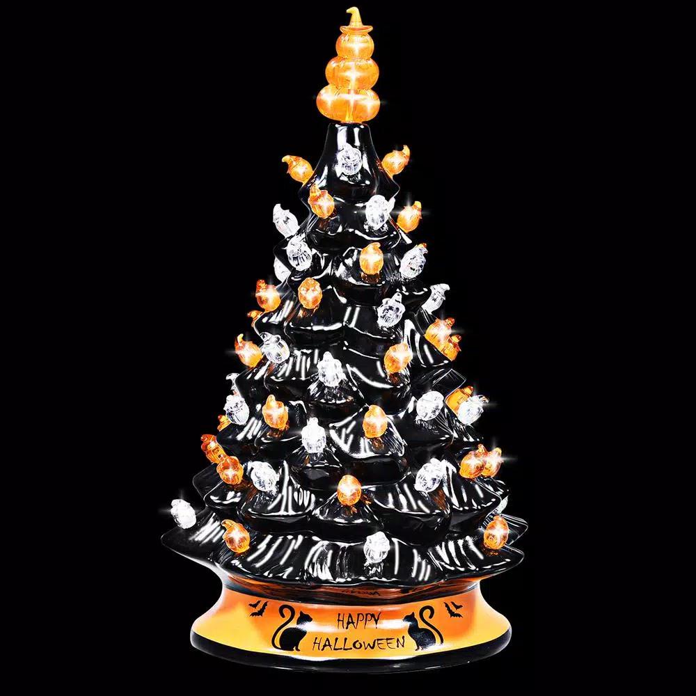 Costway 15 in. Black Ceramic Hand-Painted Halloween Tree with LED Lights and Pumpkin Top