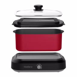 West Bend 5 Qt. Red Non-Stick Versatility Slow Cooker with Griddle Base, Travel Lid, and Thermal Tote thumbnail 3