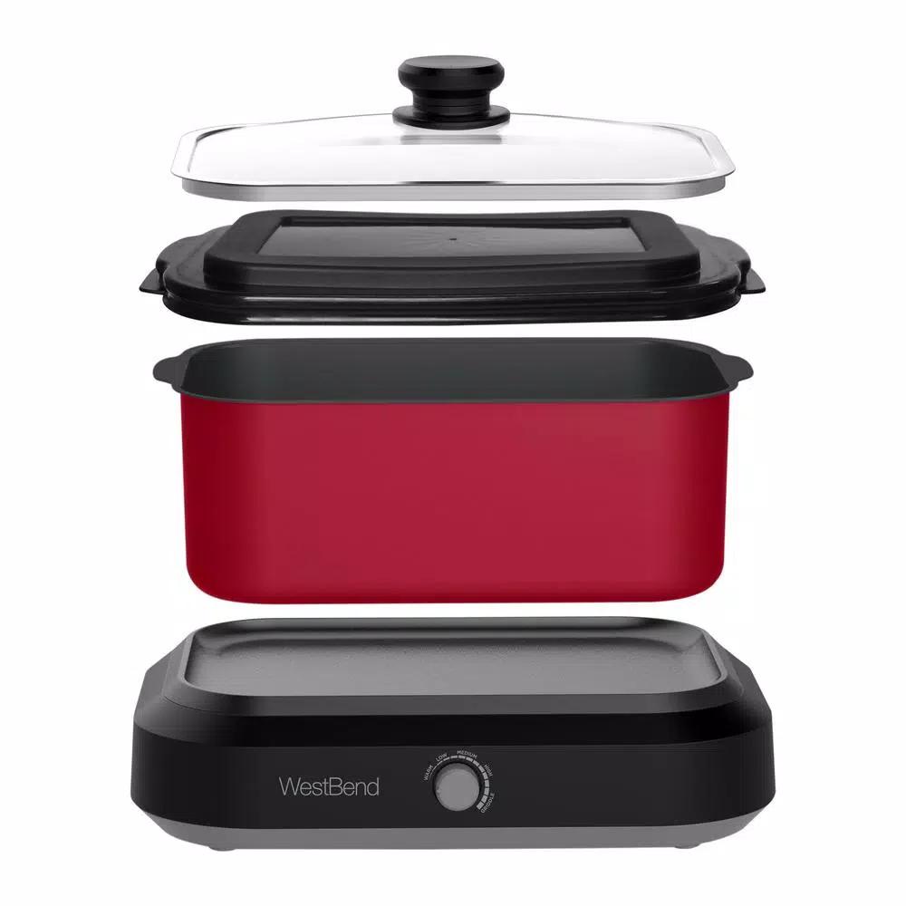 West Bend 5 Qt. Red Non-Stick Versatility Slow Cooker with Griddle Base, Travel Lid, and Thermal Tote