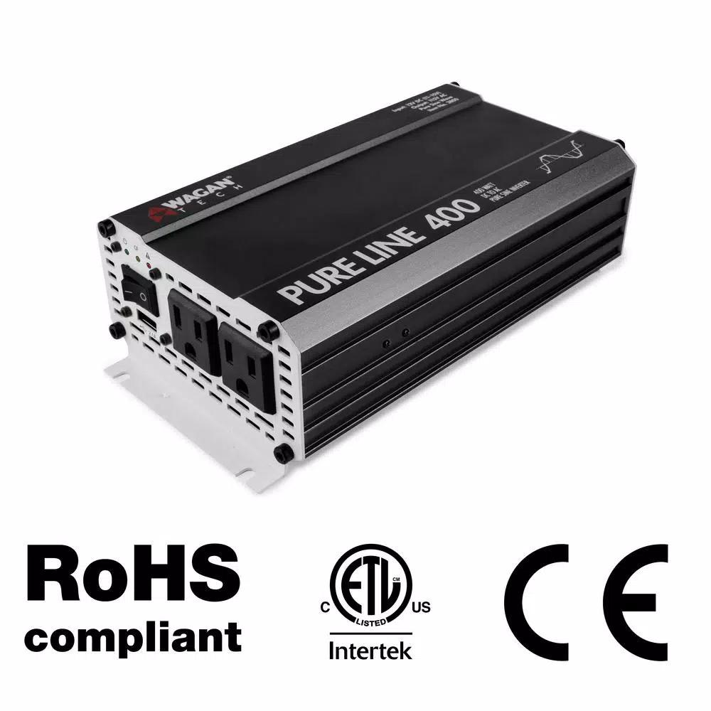Wagan Tech PureLine 400-Watt Pure Sine Wave Power Inverter, 110V-120V AC Output, ETL Certified