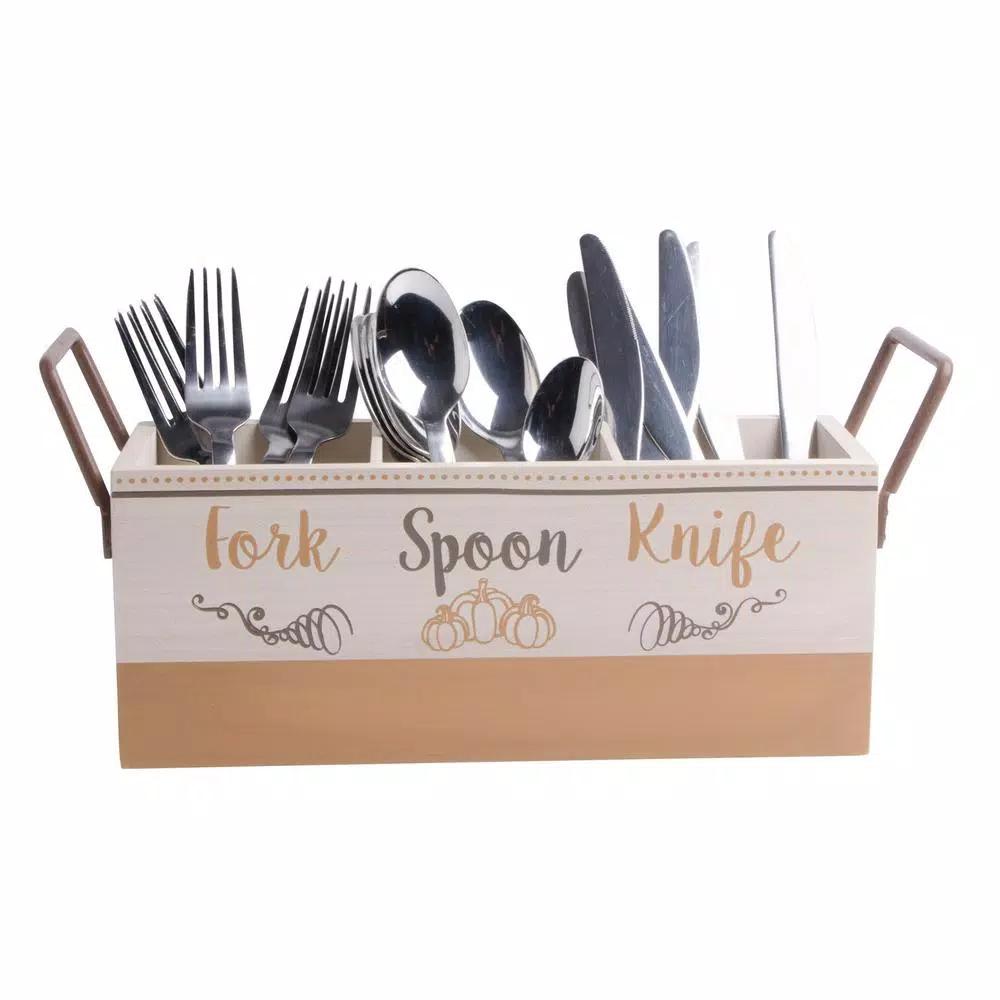 Home Essentials Harvest Devotions 3-Section Wood Caddy Condiment Server with Handles