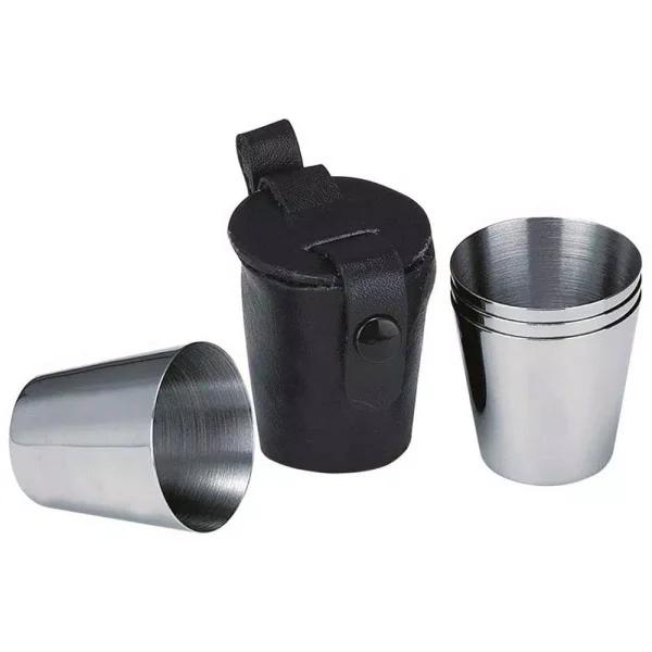 Visol Stainless Steel Shot Cup Set with Genuine Black Leather Carrying Case - 3 Cups