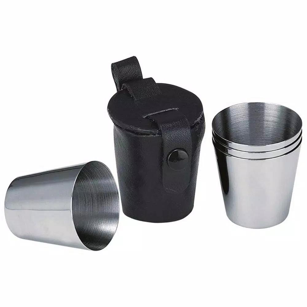 Visol Stainless Steel Shot Cup Set with Genuine Black Leather Carrying Case - 3 Cups