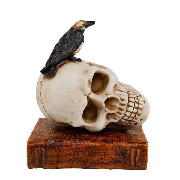 Flora Bunda Halloween Decor Polyresin Black Crow and Skull with Book Tabletop Sculpture