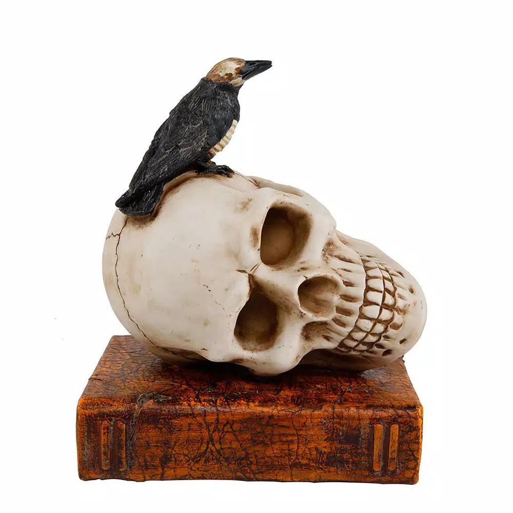 Flora Bunda Halloween Decor Polyresin Black Crow and Skull with Book Tabletop Sculpture