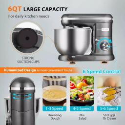 VIVOHOME 650W 6-Qt. Tilt-Head Kitchen Stand Mixer with Stainless Steel Bowl and 6 Speeds, Gray thumbnail 2