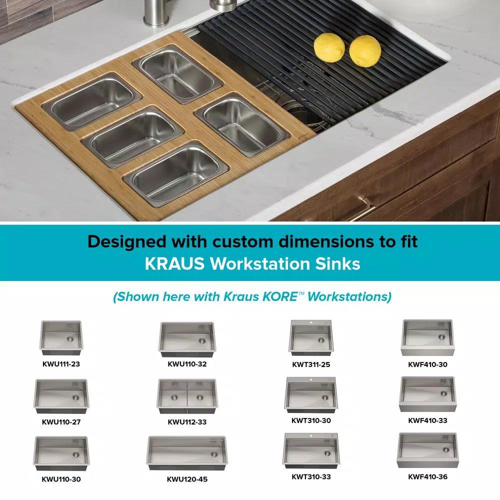 KRAUS Workstation Kitchen Sink Accessory Set with Bamboo Serving Board and 5 Stainless Steel Prep Bowls