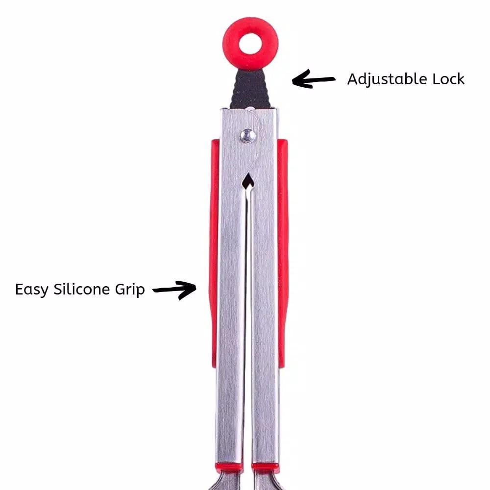 Chefright QuickScoop Brushed Stainless Steel Spatula Tongs with Silicone Edge, Red (Set of 2)