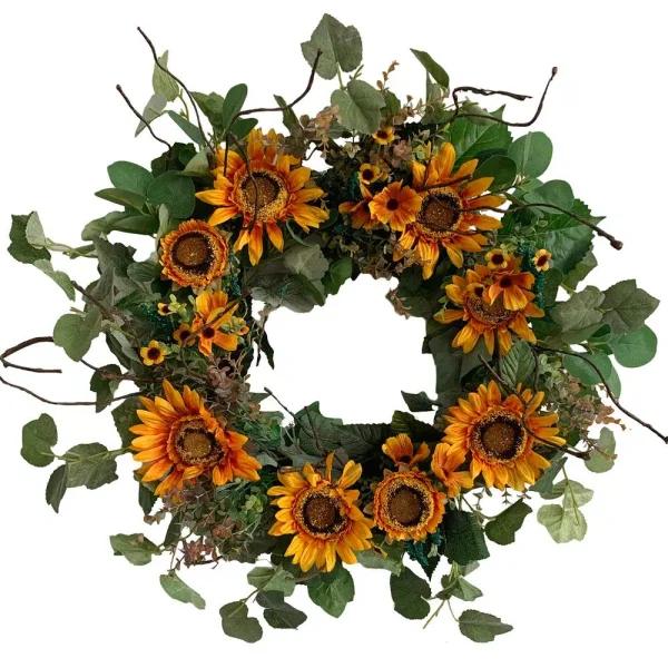 Glitzhome 24 in. Artificial Sunflower Wreath with Golden Orange Sunflowers and Green Silk Leaves