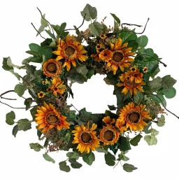 Glitzhome 24 in. Artificial Sunflower Wreath with Golden Orange Sunflowers and Green Silk Leaves thumbnail 1