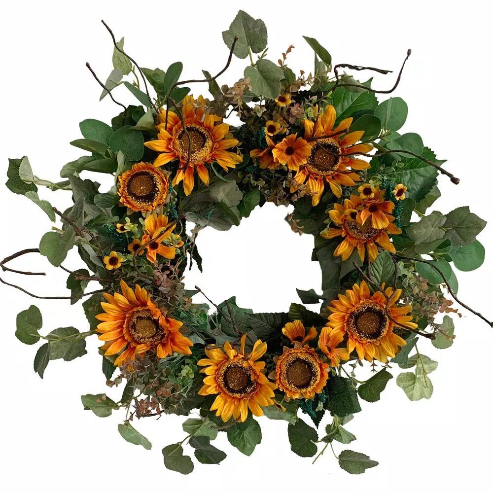 Glitzhome 24 in. Artificial Sunflower Wreath with Golden Orange Sunflowers and Green Silk Leaves