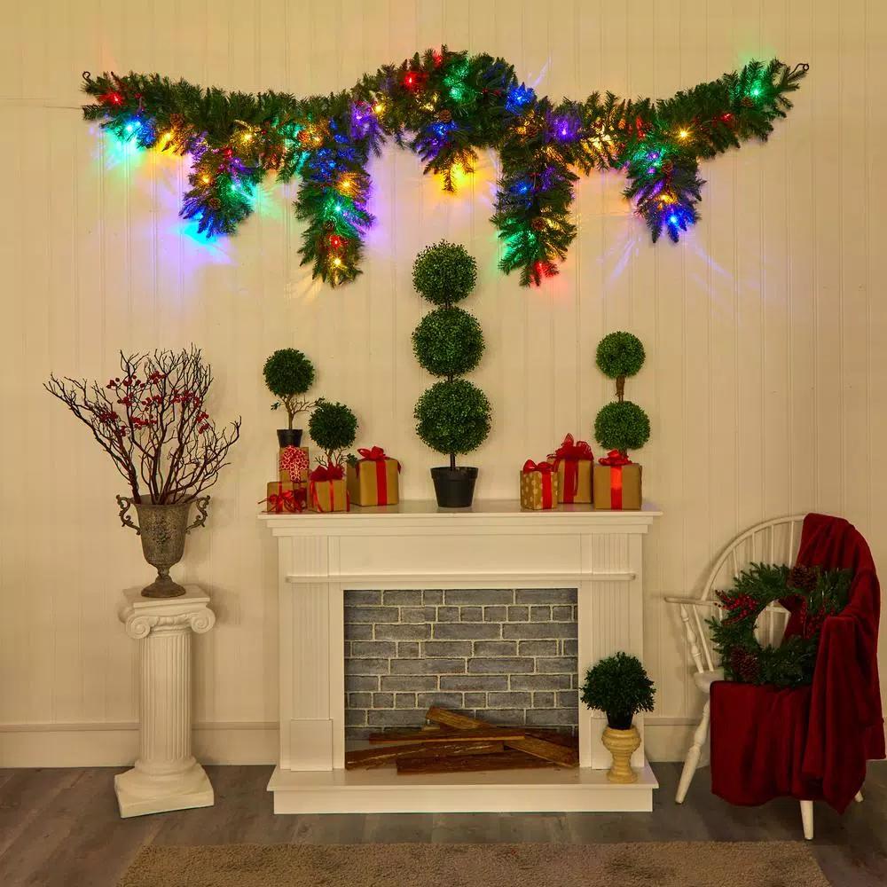 Nearly Natural 9 ft. Artificial Icicle Christmas Garland with 50 Multi-Color LED Lights, Berries and Pine Cones