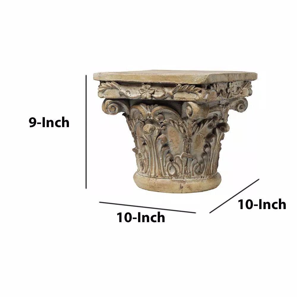 Benjara Aesthetic Resin Decorative Pedestal with Acanthus Leaf Design and Scrolled Details, Brown