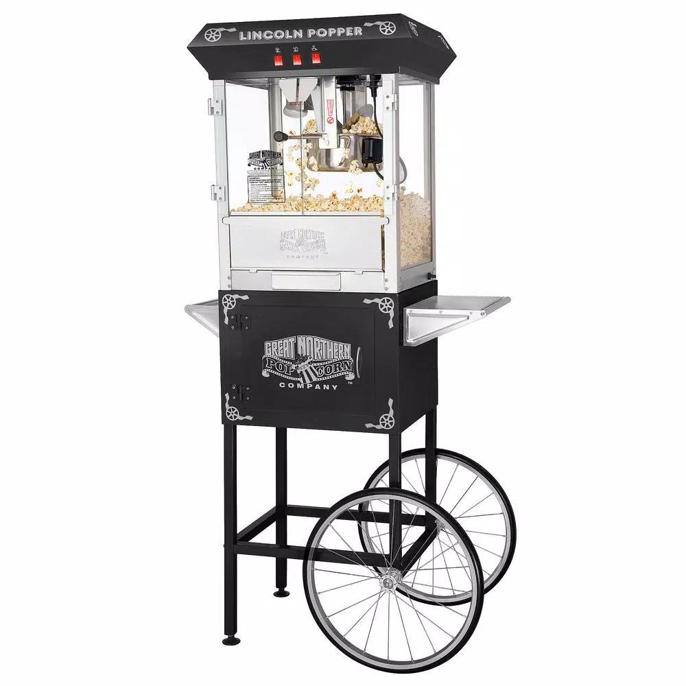 Great Northern Popcorn Lincoln 8 oz. Black Popcorn Machine with Mobile Serving Cart