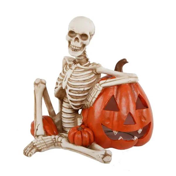 Flora Bunda Halloween Skeleton and Orange Pumpkin Polyresin Tabletop Decor with Color Changing LED Lights