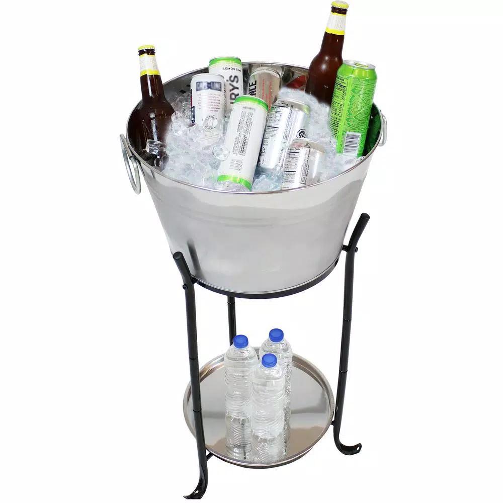 Sunnydaze Decor 5-Gallon Stainless Steel Ice Bucket Cooler with Iron Stand and Serving Tray