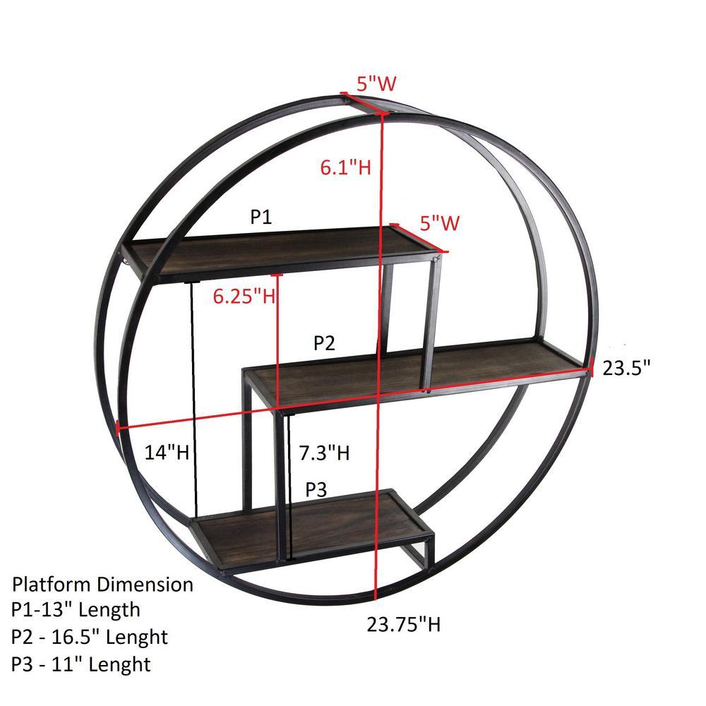 Admired By Nature 23 in. Black Round 3-Tier Iron and Wood Wall-Mounted Floating Shelves