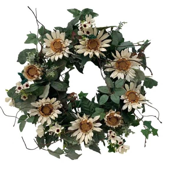 Glitzhome 24 in. Artificial Green Wreath with White Cream Sunflowers and Silk Leaves