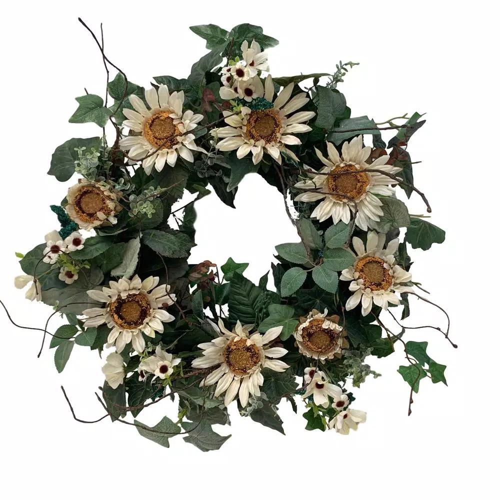 Glitzhome 24 in. Artificial Green Wreath with White Cream Sunflowers and Silk Leaves