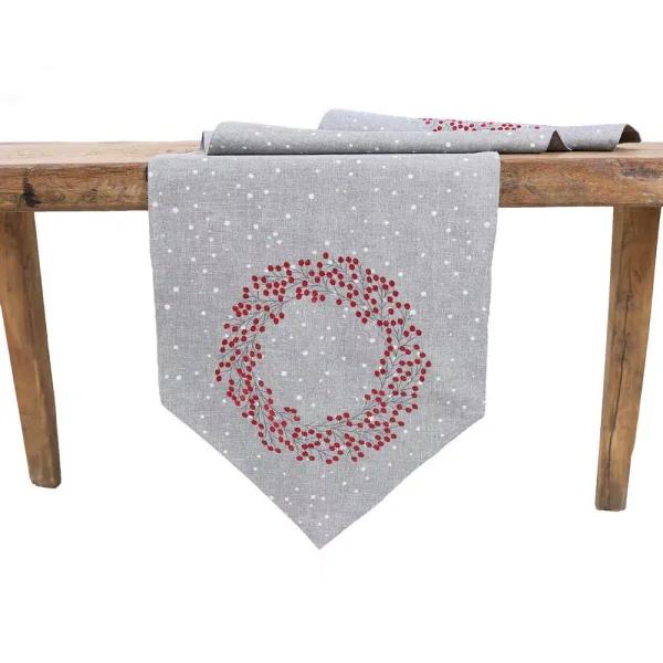 Manor Luxe Xia Home Fashions 16 x 36 in. Holly Berry Wreath Embroidered Christmas Table Runner, Gray