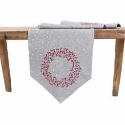 Manor Luxe Xia Home Fashions 16 x 36 in. Holly Berry Wreath Embroidered Christmas Table Runner, Gray thumbnail 1