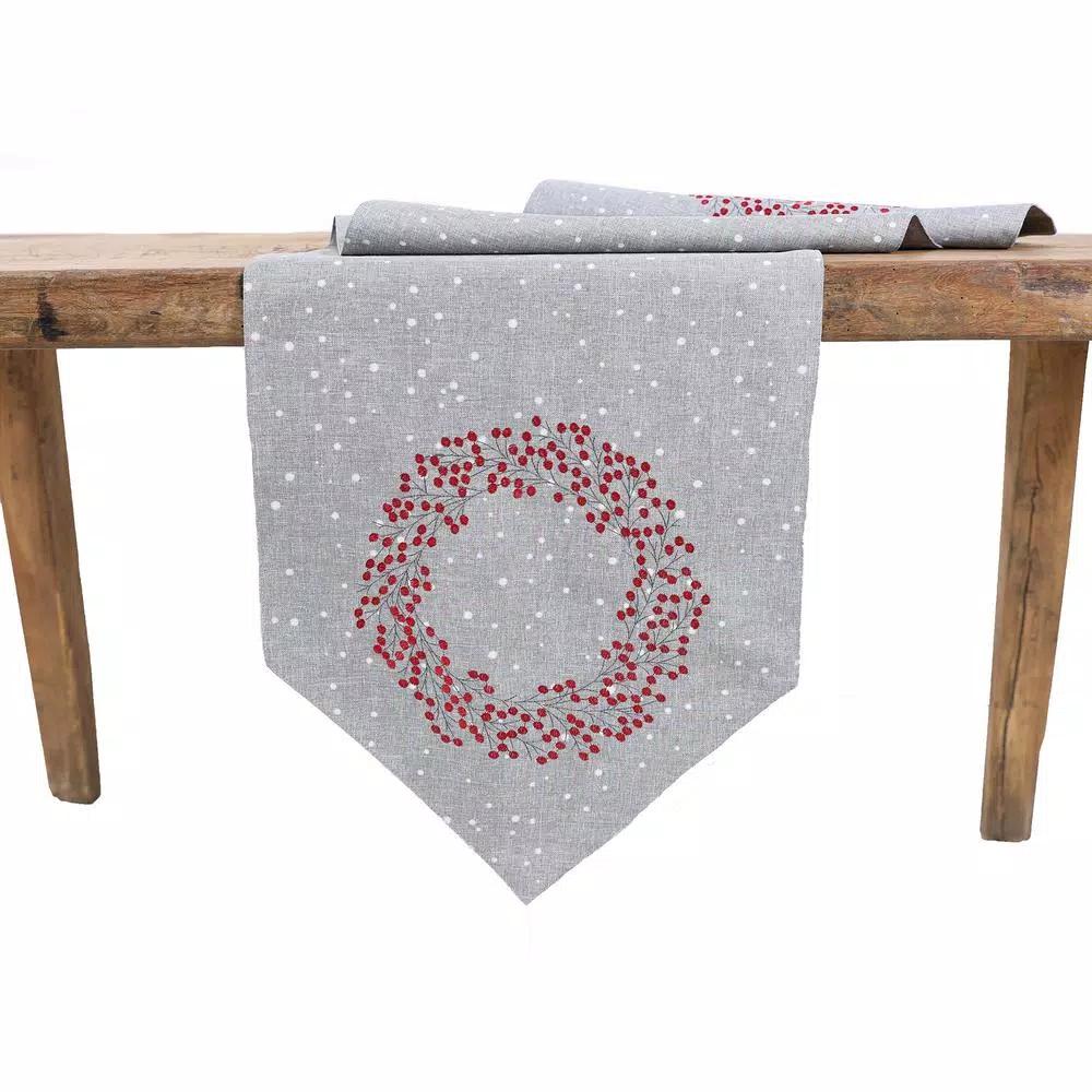 Manor Luxe Xia Home Fashions 16 x 36 in. Holly Berry Wreath Embroidered Christmas Table Runner, Gray