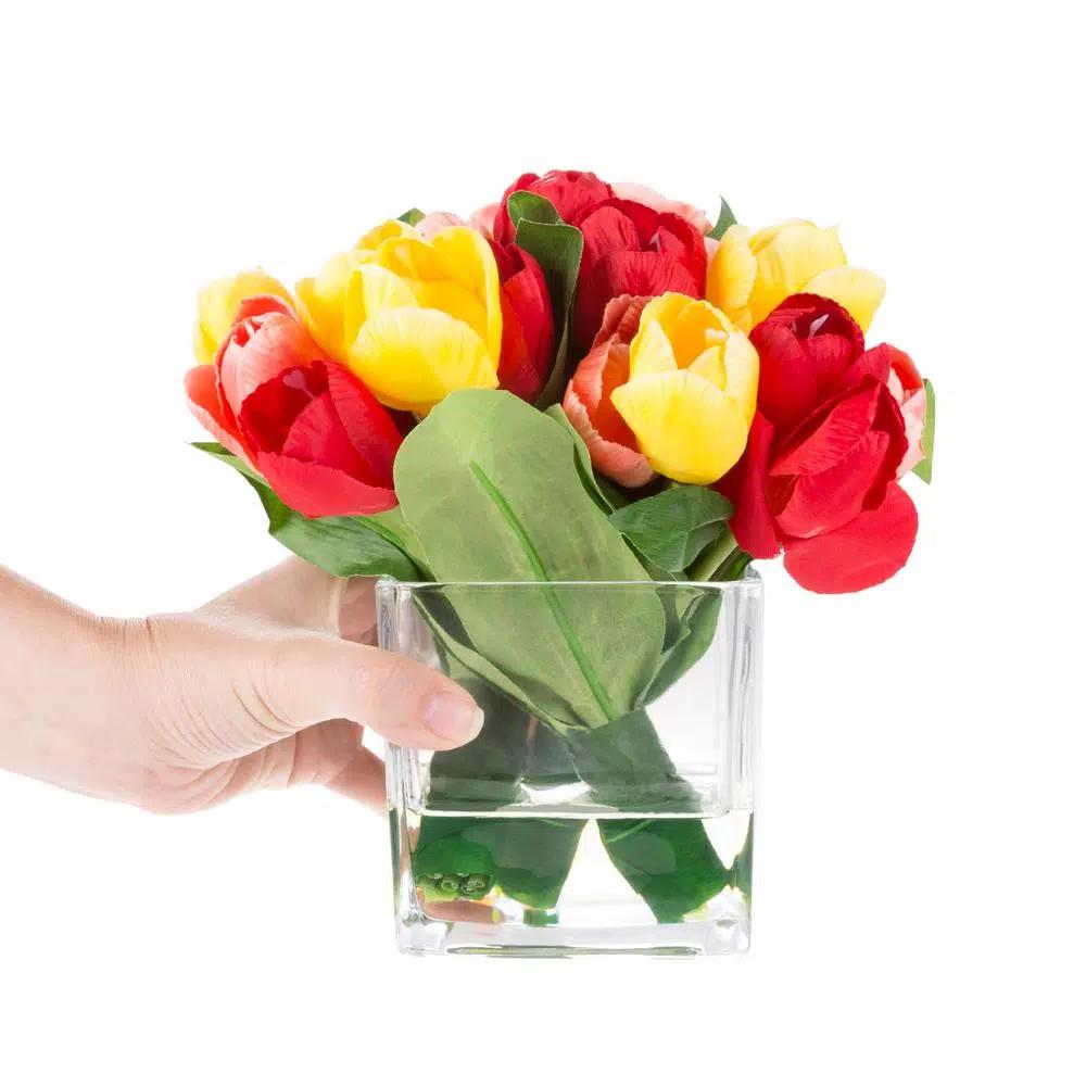 Pure Garden 8 in. Multicolor Tulip Artificial Floral Arrangement in Glass Vase