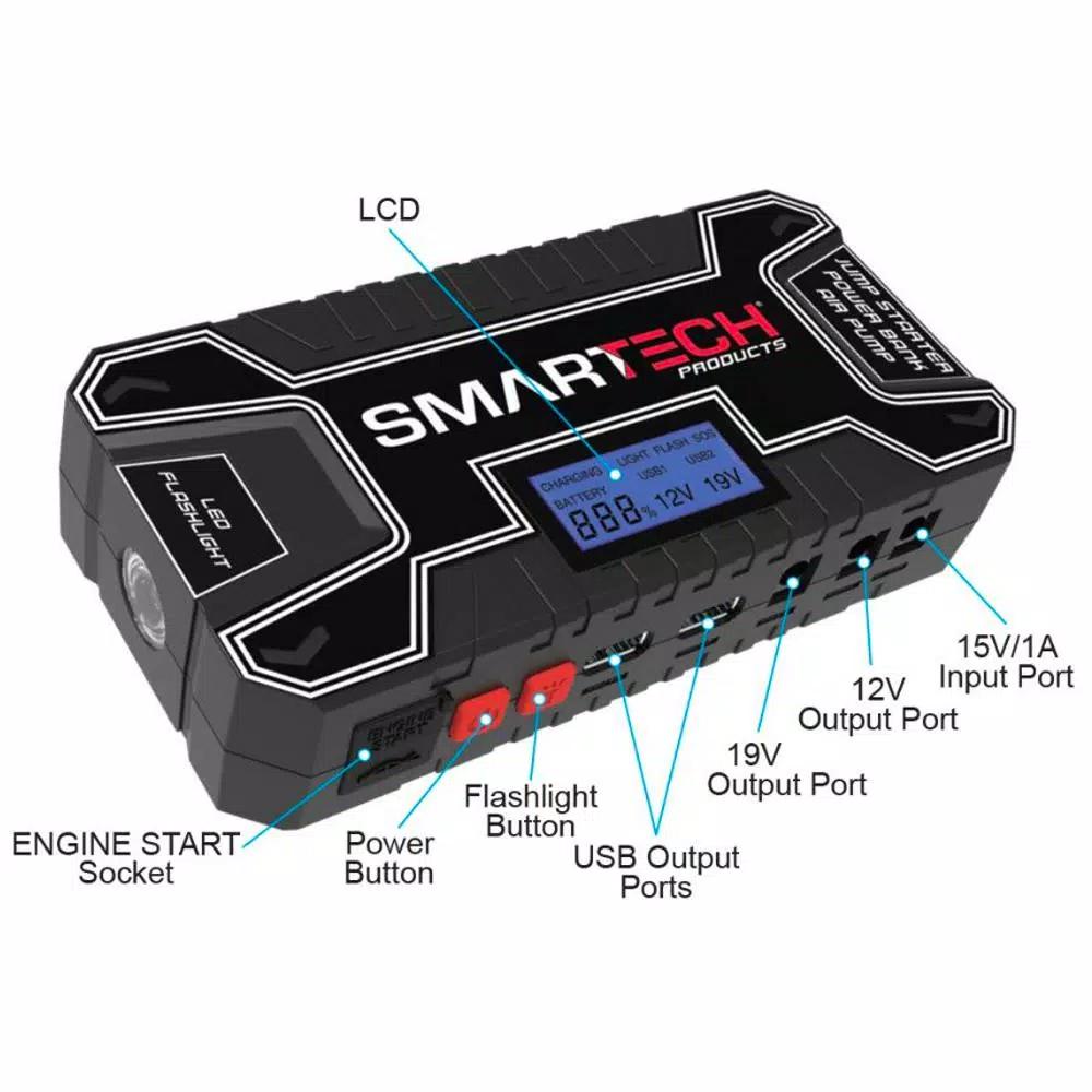 Smartech Products Smartech TECH-5000P 6-in-1 Vehicle Jump Starter, 12000mAh Power Bank, and 150 PSI Air Compressor Kit