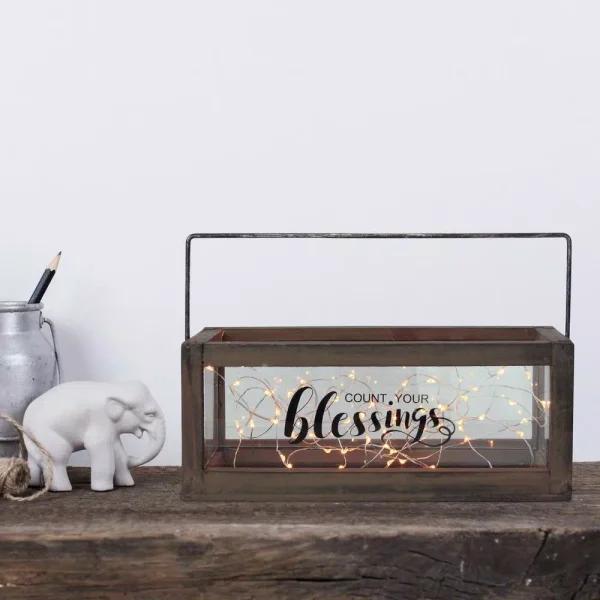 Stonebriar Collection Stonebriar Rustic Wood and Glass Votive Candle Holder with 'Count Your Blessings' Sentiment