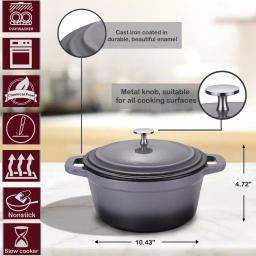 AMERCOOK LA PLURIEL 3 qt. Round Enameled Cast Iron Casserole Dish with Lid, Gray thumbnail 2