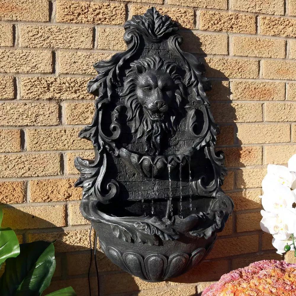 Sunnydaze Decor 30 in. Stoic Courage Lion Head Solar Wall Fountain with Battery Backup