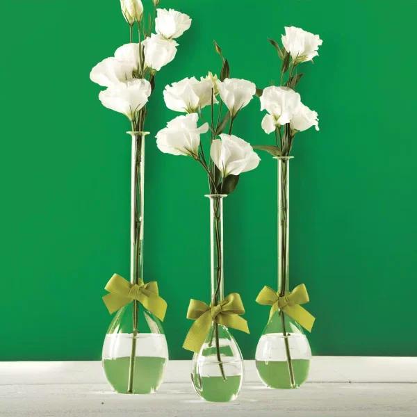 Two's Company Hand-Blown Glass Teardrop Vase Set of 3 with Sage Green Ribbon Detail