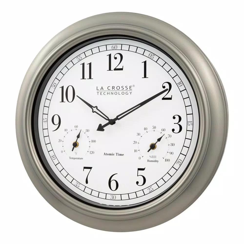 La Crosse Technology 18-Inch Atomic Analog Wall Clock with Thermometer & Hygrometer, Pewter