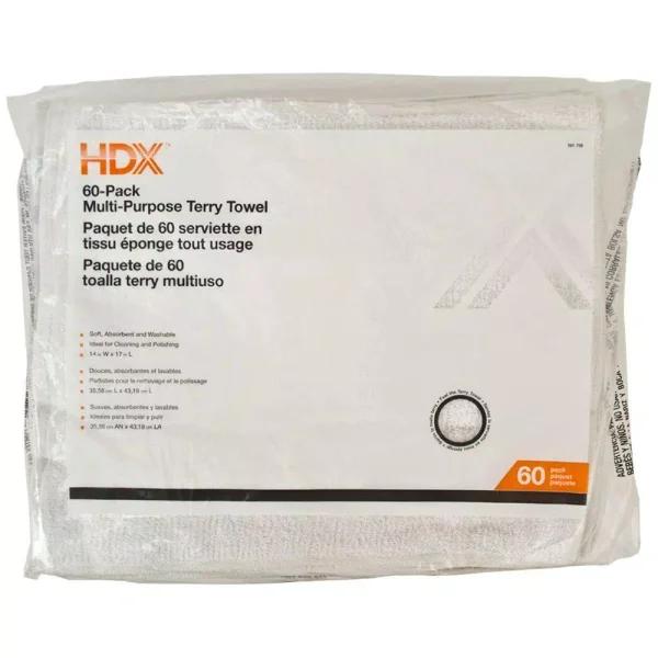 HDX Multi-Purpose Cotton Blend Terry Cloth Towels, 14 in. x 17 in., White (60-Pack)