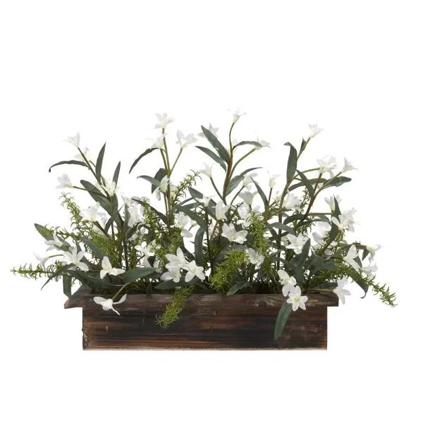 D&W Silks 30 in. White Phlox Silk Floral Arrangement in Rectangle Wooden Planter