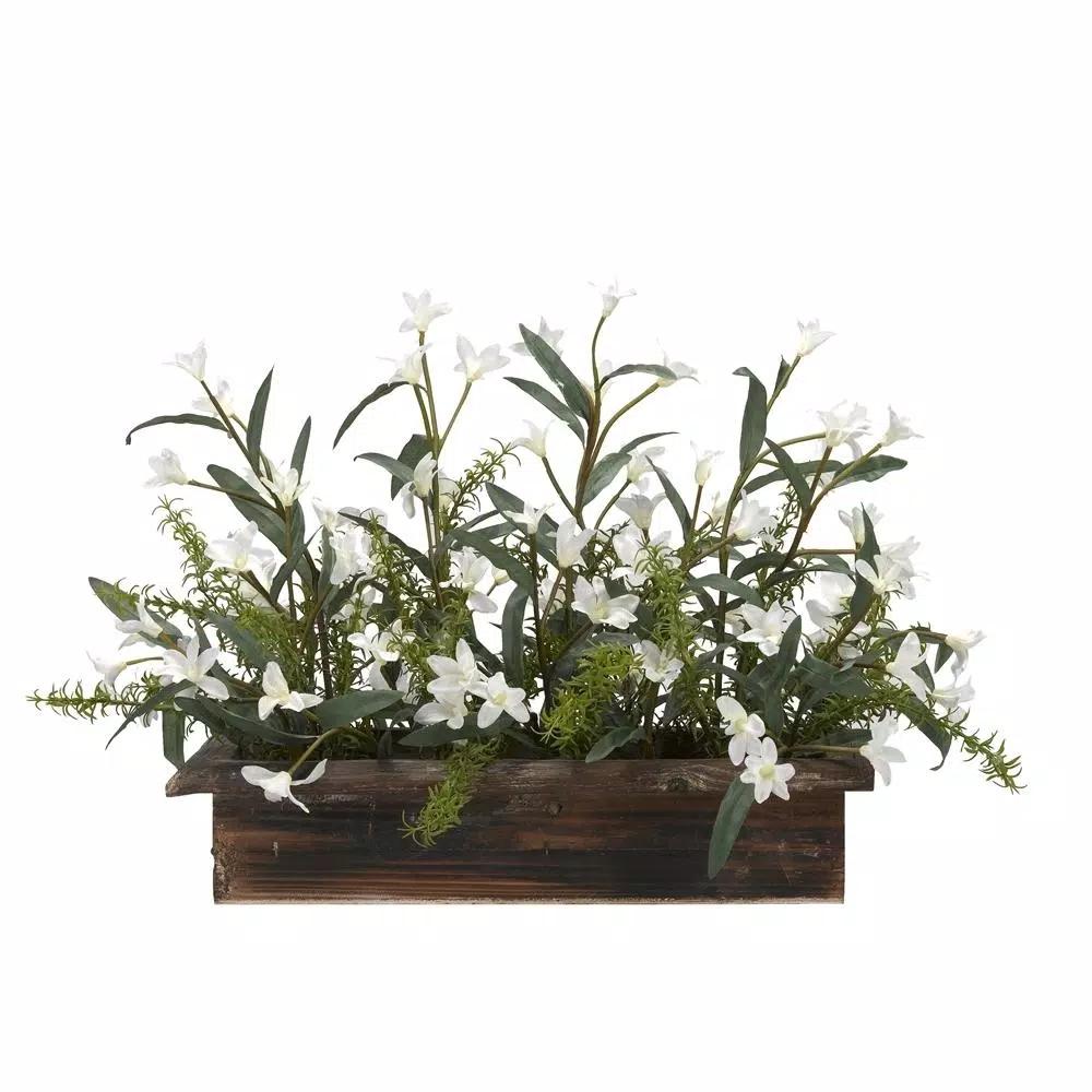 D&W Silks 30 in. White Phlox Silk Floral Arrangement in Rectangle Wooden Planter