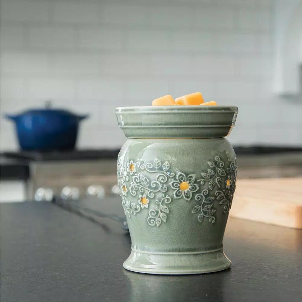 Candle Warmers Etc Perennial Illumination Fragrance Warmer - Jade Green Crackle Glaze with Floral Design