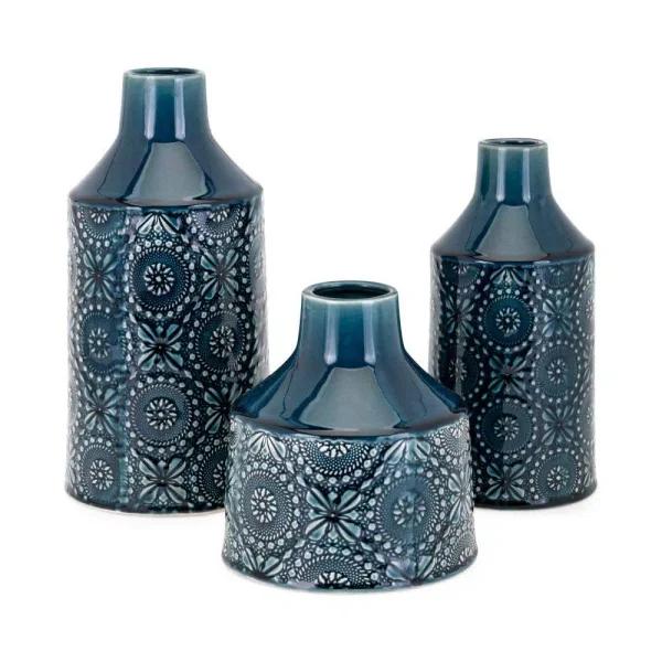 Benjara Athena Glazed Cerulean Blue Ceramic Floral Vases, Set of 3