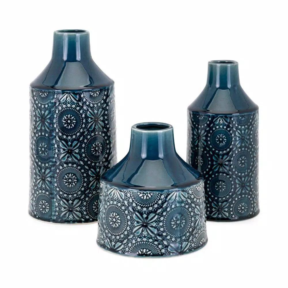 Benjara Athena Glazed Cerulean Blue Ceramic Floral Vases, Set of 3