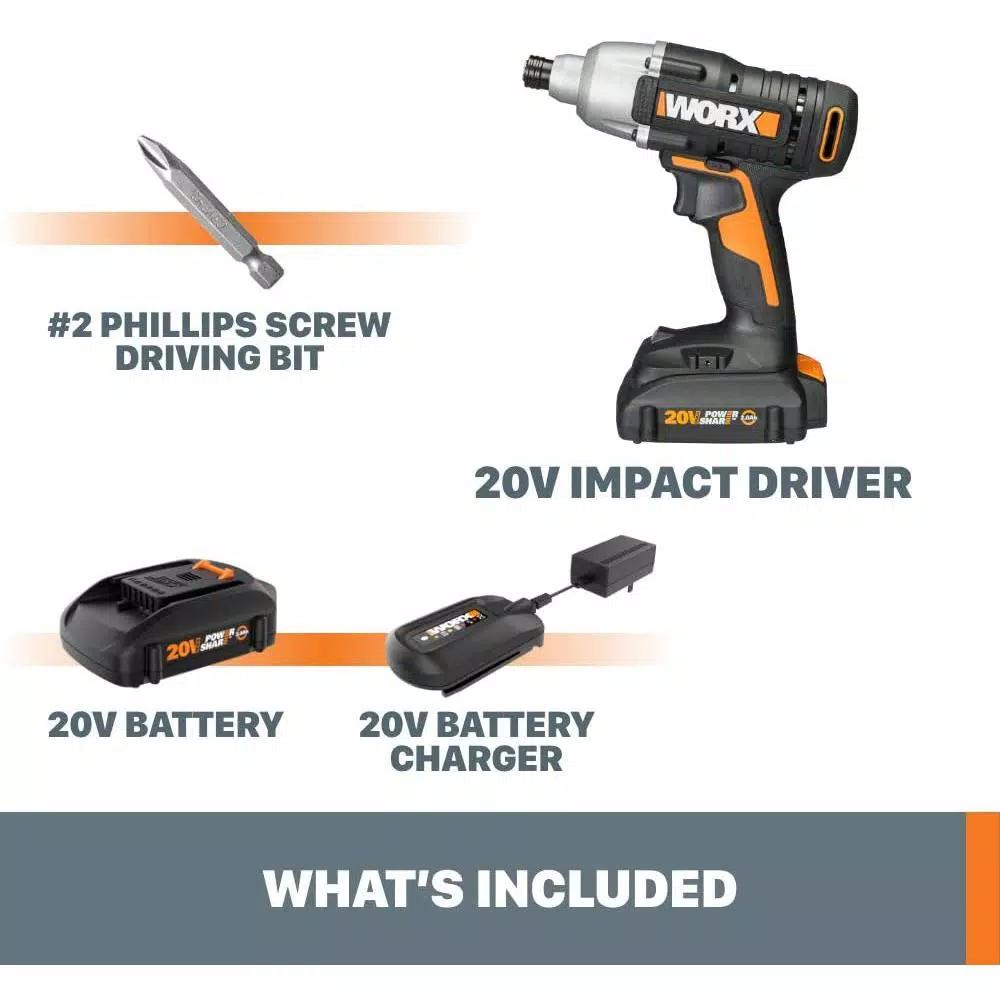 Worx Power Share 20V Cordless 1/4 in. Hex Impact Driver with Variable Speed and LED Light