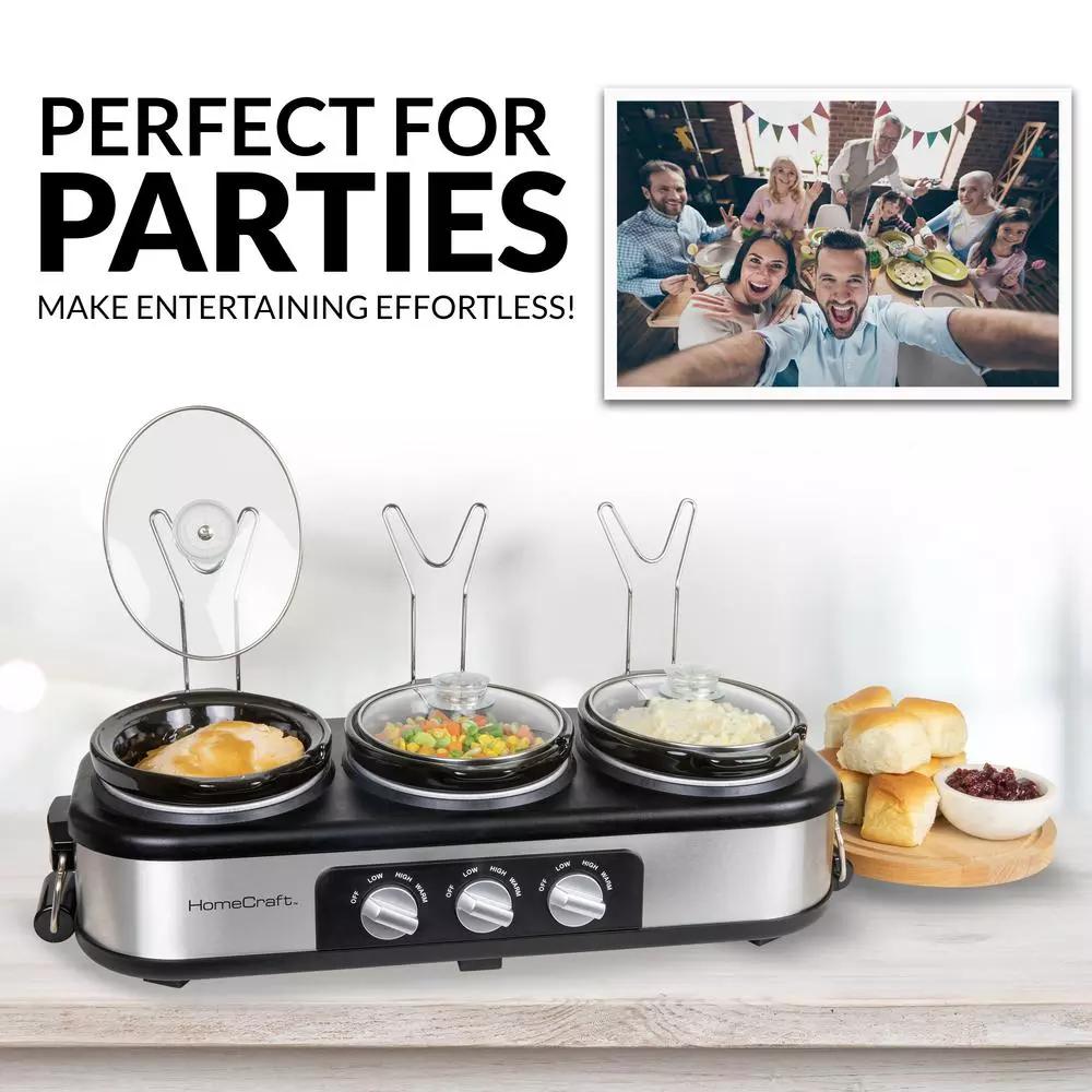 HomeCraft 3-Station Stainless Steel Slow Cooker Buffet with 3 Removable 1.5 qt. Ceramic Pots