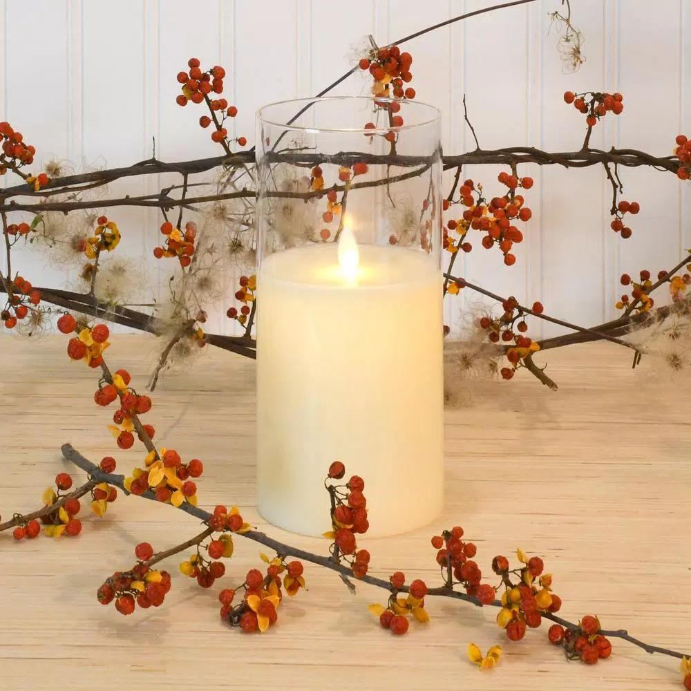 LUMABASE 8 in. Glass Hurricane LED Flameless Candle with Moving Flame, Battery Operated