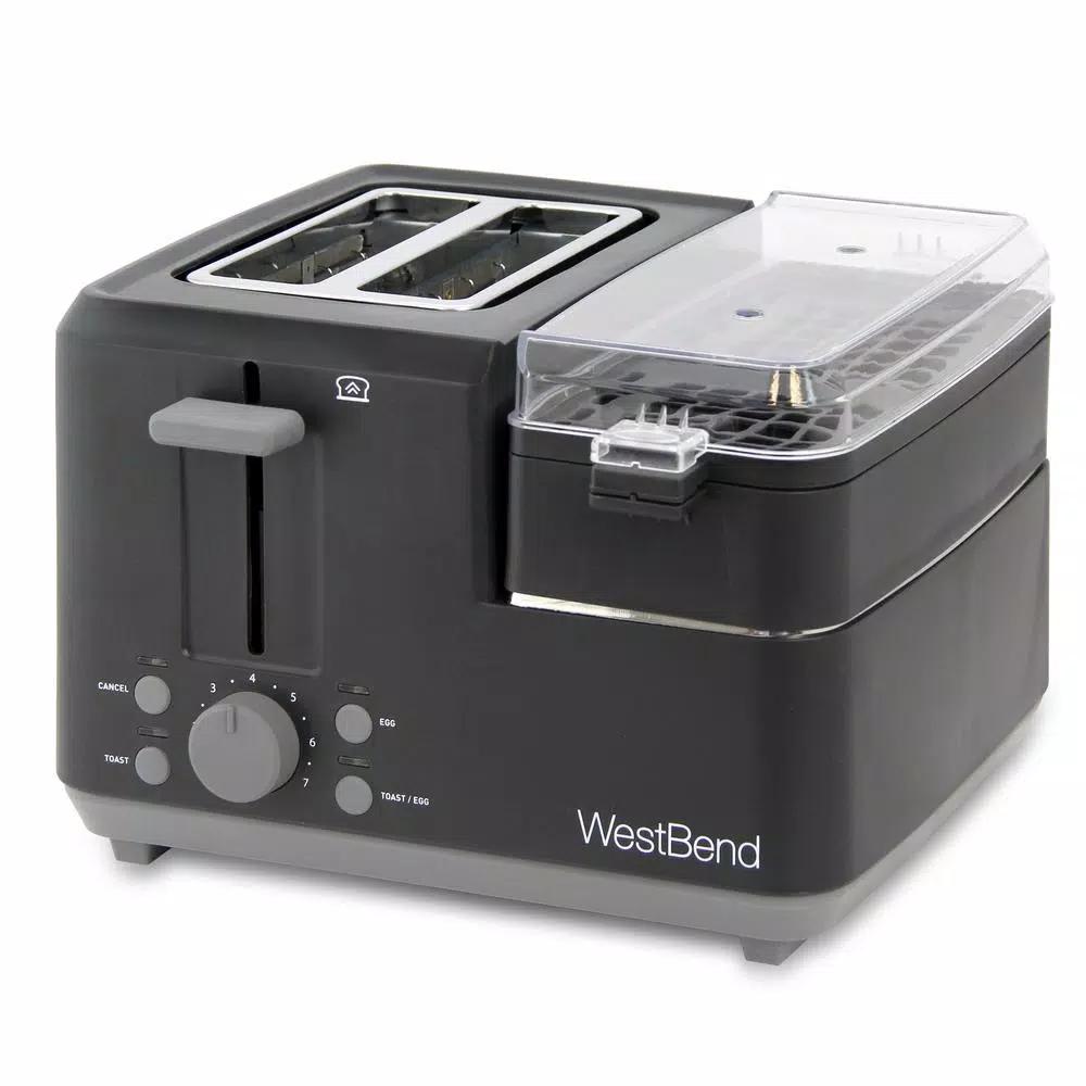 West Bend 2-Slice Wide Slot Breakfast Station Toaster and Egg Poacher with Meat Warming Tray, Black