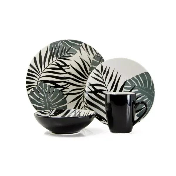 Thomson Pottery Palm Leaf 16-Piece Black Ceramic Stoneware Dinnerware Set, Service for 4