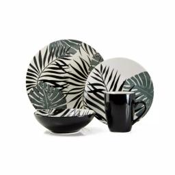 Thomson Pottery Palm Leaf 16-Piece Black Ceramic Stoneware Dinnerware Set, Service for 4 thumbnail 1