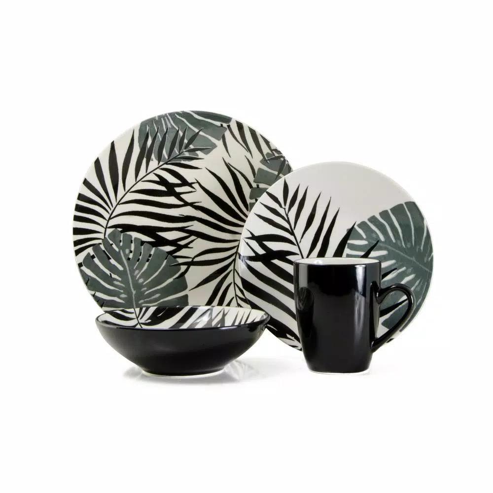 Thomson Pottery Palm Leaf 16-Piece Black Ceramic Stoneware Dinnerware Set, Service for 4