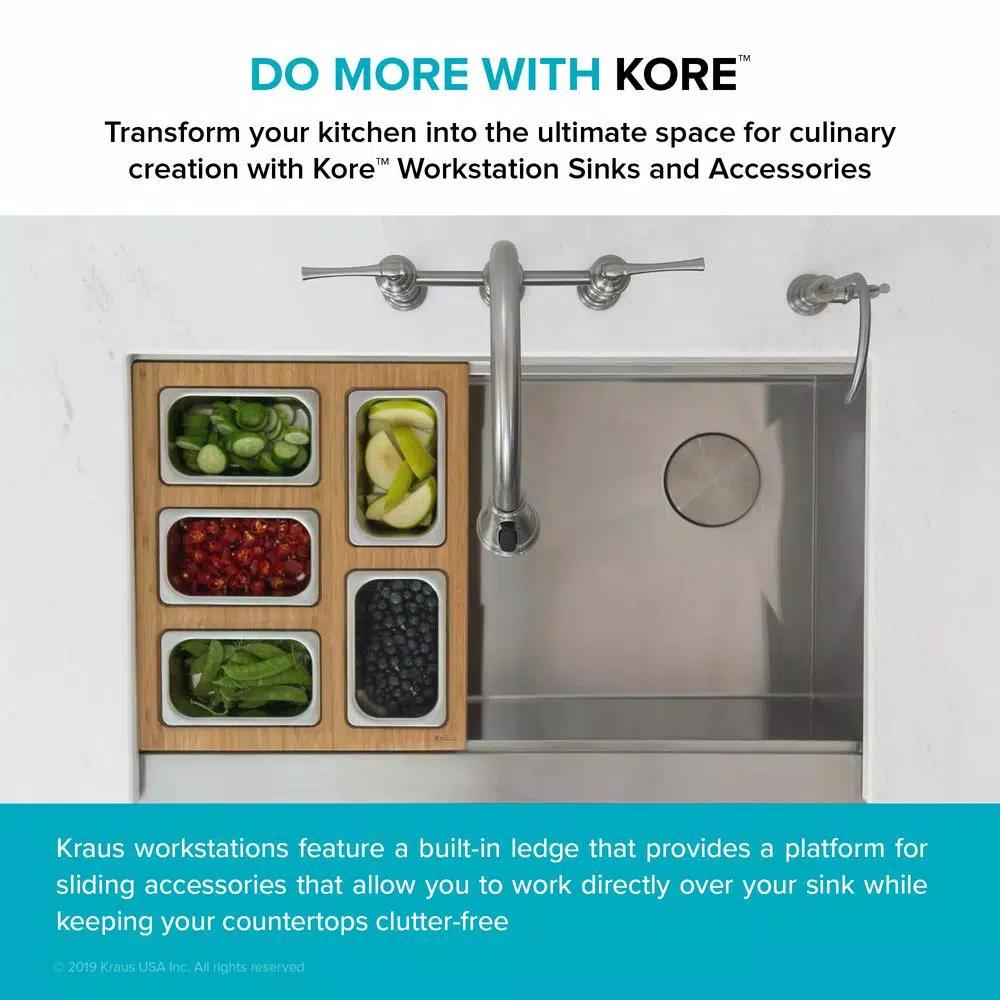 KRAUS Workstation Kitchen Sink Accessory Set with Bamboo Serving Board and 5 Stainless Steel Prep Bowls