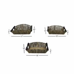 LITTON LANE Handmade Black and Natural Striped Palm Leaf and Seagrass Basket Tray Set of 3 thumbnail 5