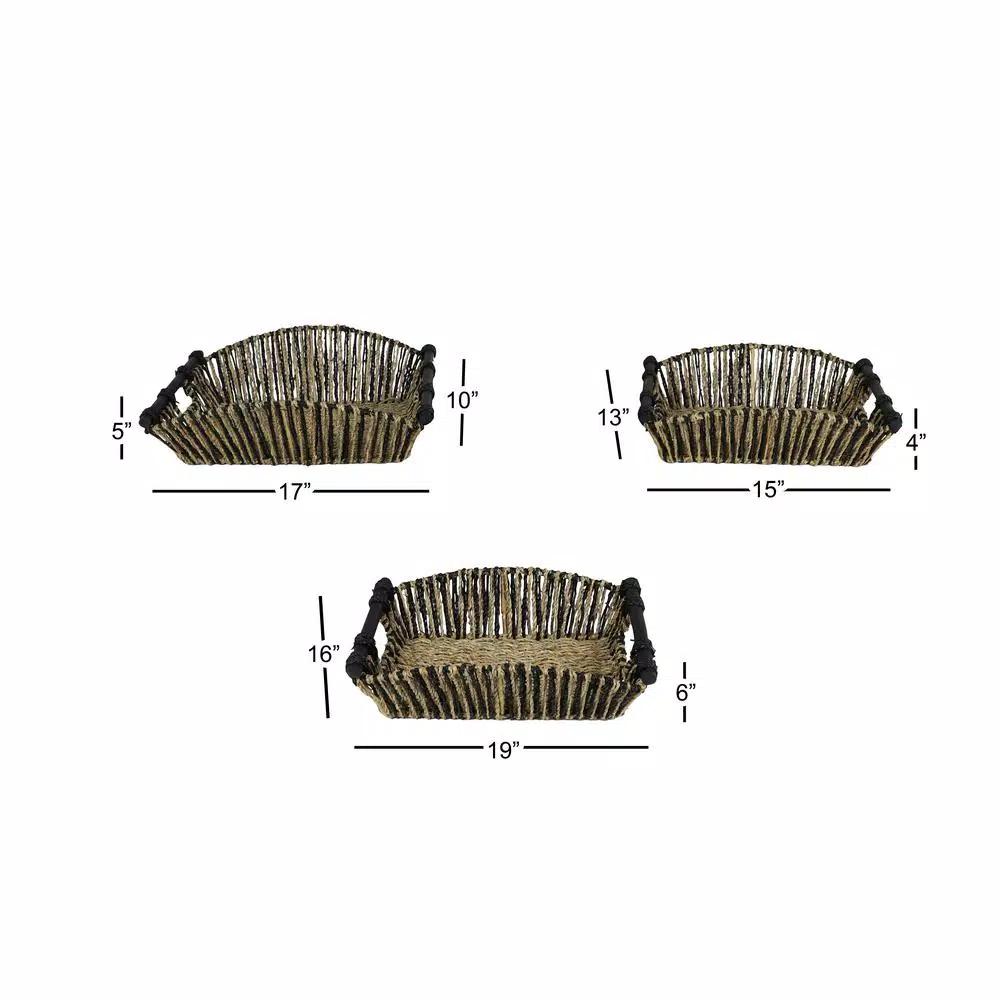 LITTON LANE Handmade Black and Natural Striped Palm Leaf and Seagrass Basket Tray Set of 3